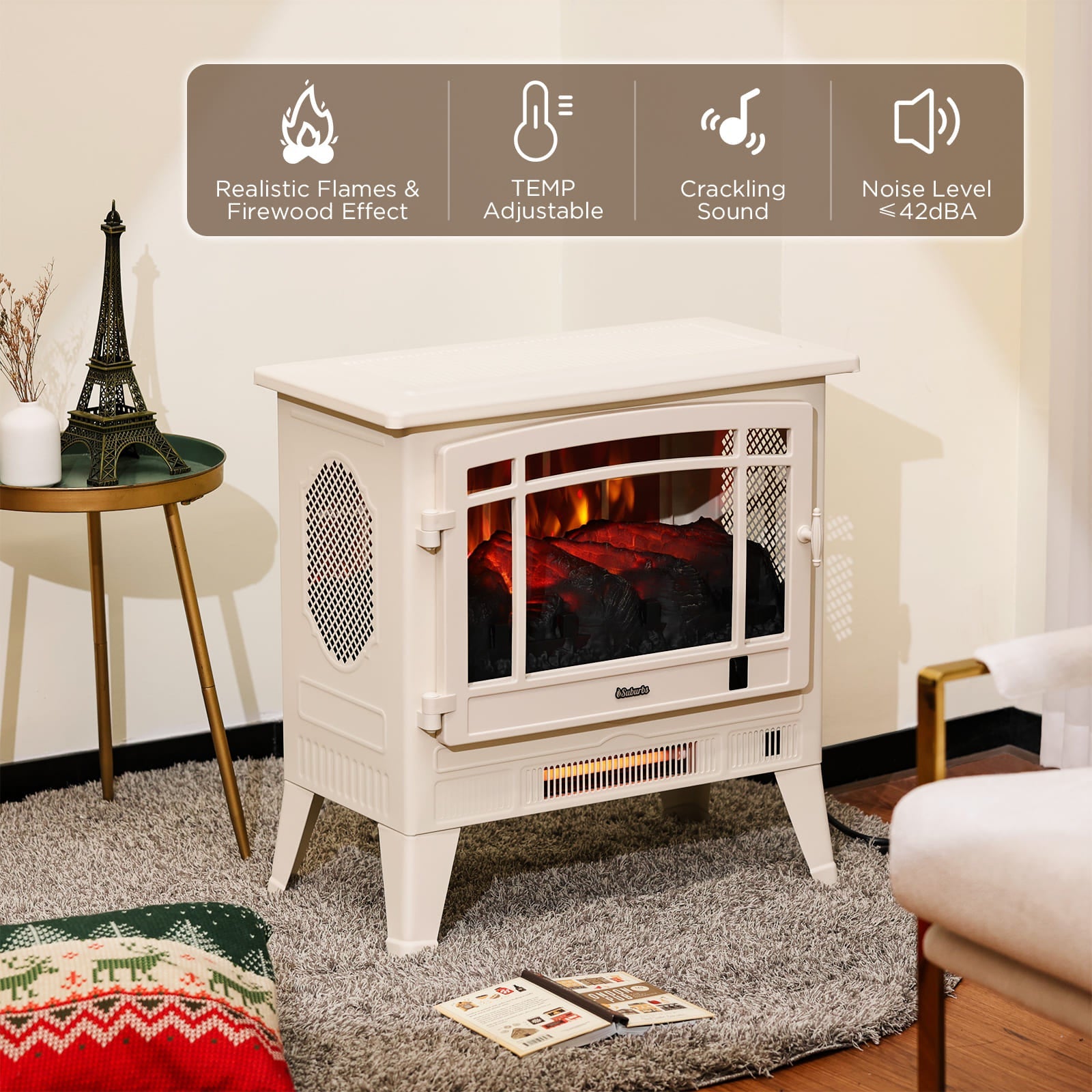 TURBRO Suburbs 25" WiFi Electric Fireplace Infrared Heater with Crackling Sound, Freestanding Fireplace Stove with Adjustable Flame Effects, Overheating Protection, Timer, Remote Control 1400W, Ivory