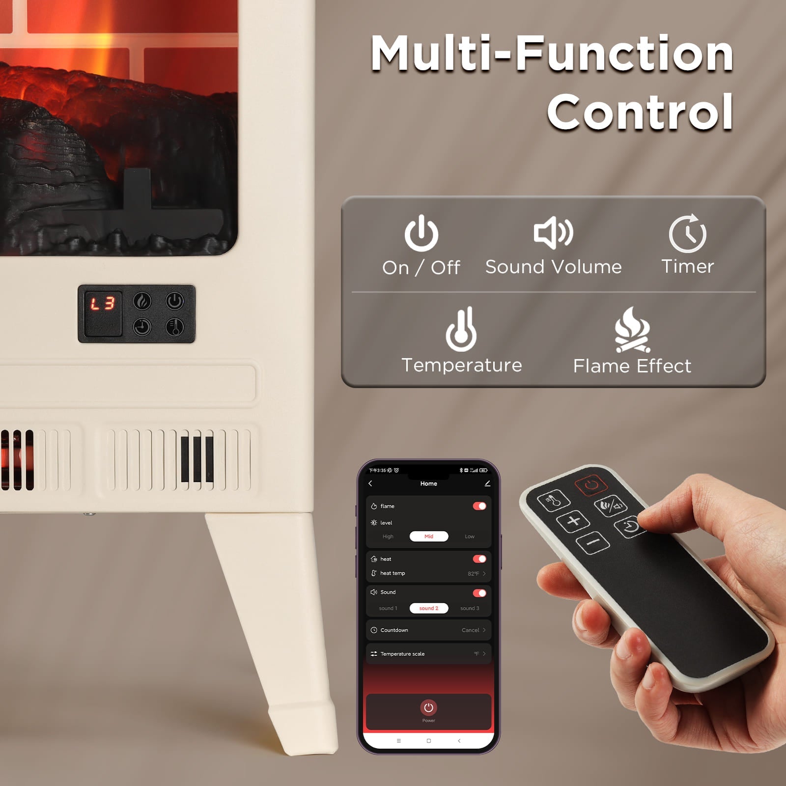 TURBRO Suburbs 25" WiFi Electric Fireplace Infrared Heater with Crackling Sound, Freestanding Fireplace Stove with Adjustable Flame Effects, Overheating Protection, Timer, Remote Control 1400W, Ivory