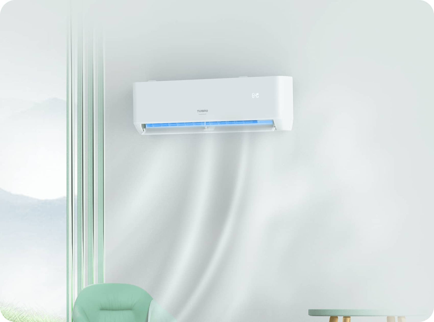 Wall-mounted air conditioner blowing cool air in a modern, minimalist room with light green accents.