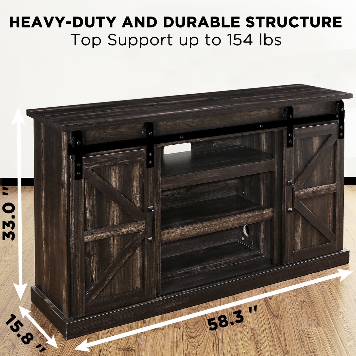 TURBRO Fireside Sliding Barn Door TV Stand, Supports TVs up to 65", Farmhouse Style Entertainment Center with Cable Management and Adjustable Shelves for Living Room, Espresso (TV Stand Only)