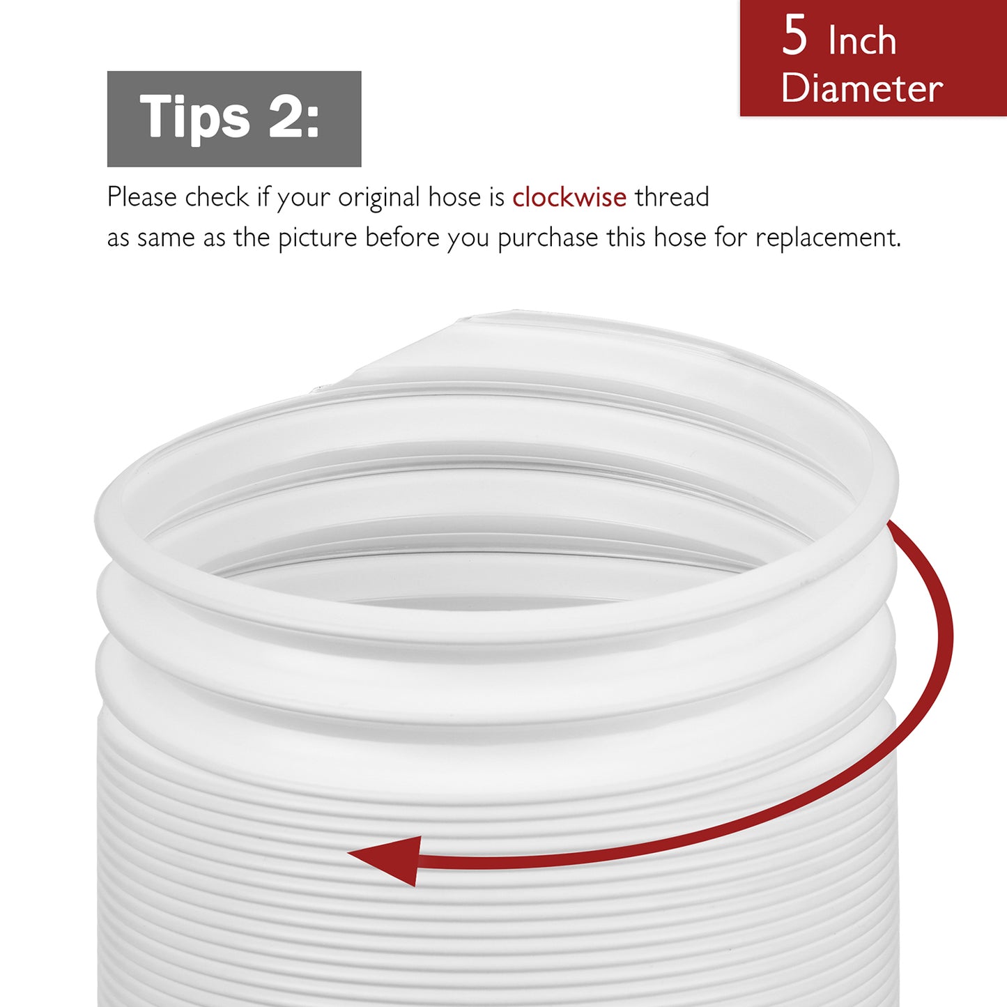 TURBRO Portable Air Conditioner Universal Exhaust Hose - 5 Inch Diameter, 78 Inch Length, Clockwise Thread