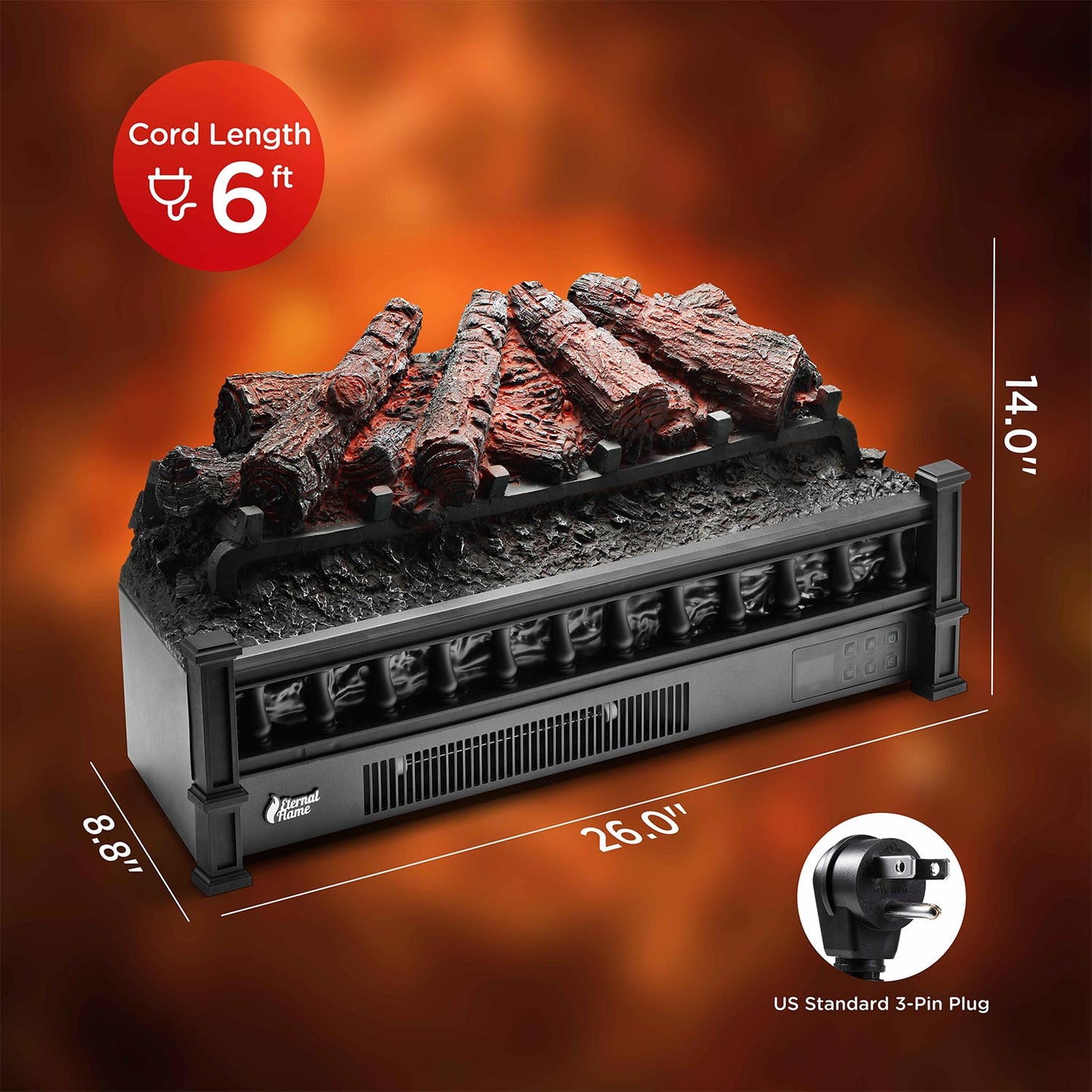 TURBRO Eternal Flame 26-Inch Infrared Quartz Electric Fireplace Log Heater, Realistic Pinewood Logs, Adjustable Flame Colors, Remote Control, Thermostat, Timer, EF26-PB, 1500W