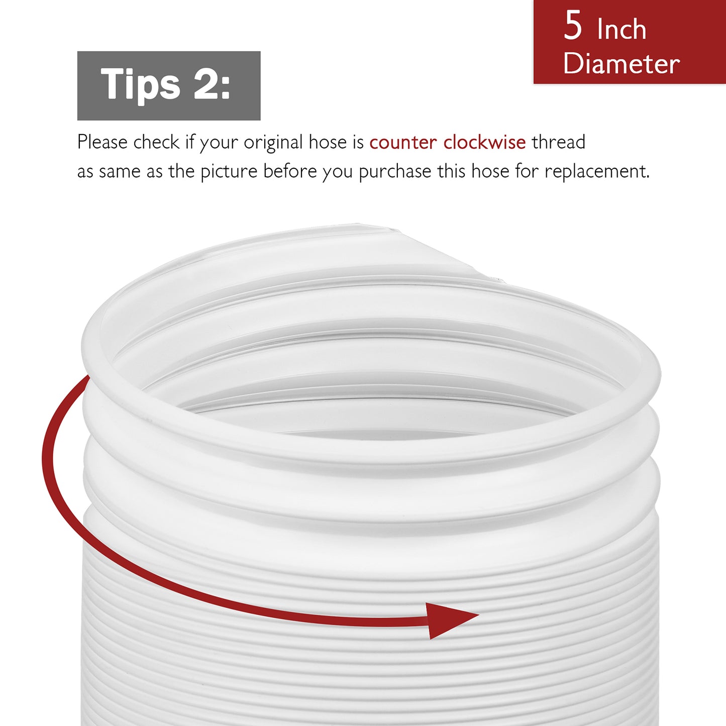 TURBRO Portable Air Conditioner Universal Exhaust Hose - 5 Inch Diameter, 78 Inch Length, Anti-Clockwise Thread
