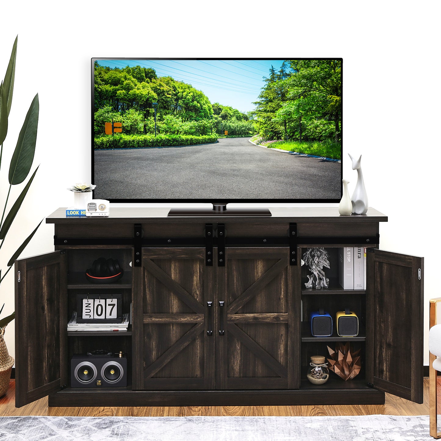 TURBRO Fireside Sliding Barn Door TV Stand, Supports TVs up to 65", Farmhouse Style Entertainment Center with Cable Management and Adjustable Shelves for Living Room, Espresso (TV Stand Only)