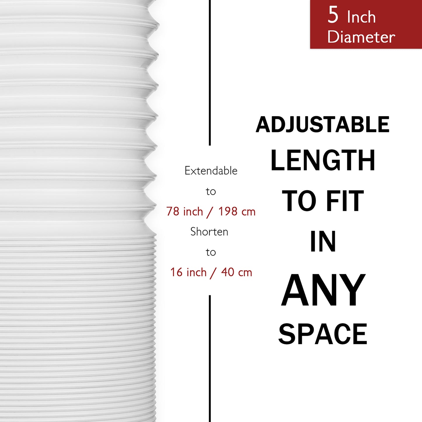TURBRO Portable Air Conditioner Universal Exhaust Hose - 5 Inch Diameter, 78 Inch Length, Clockwise Thread