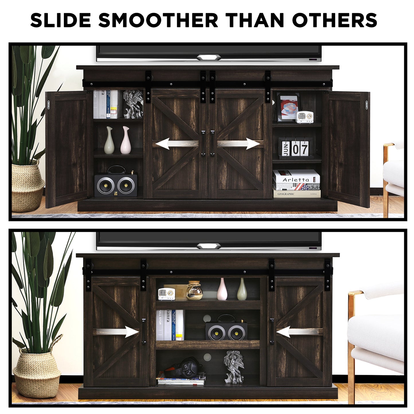 TURBRO Fireside Sliding Barn Door TV Stand, Supports TVs up to 65", Farmhouse Style Entertainment Center with Cable Management and Adjustable Shelves for Living Room, Espresso (TV Stand Only)