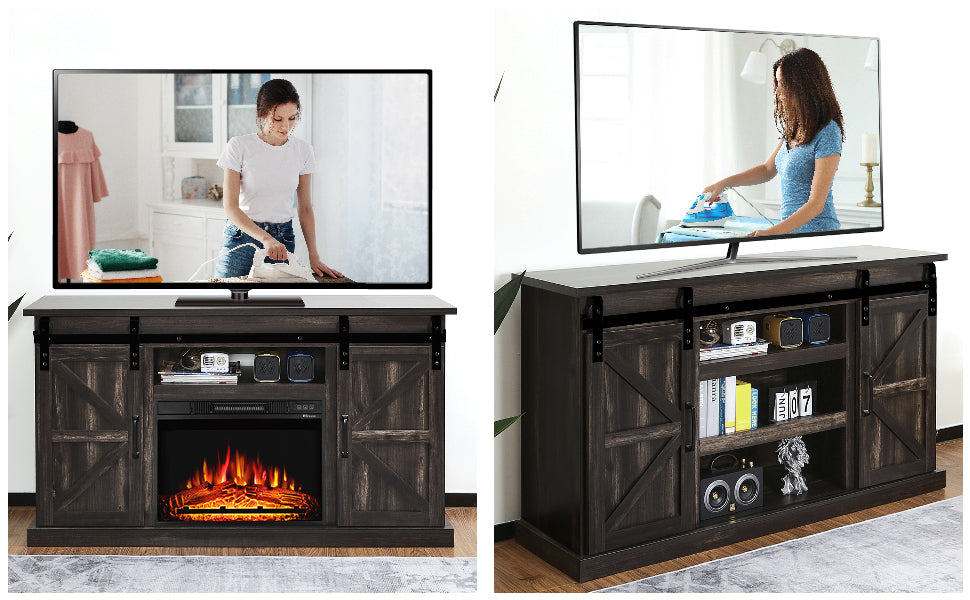 TURBRO Fireside Sliding Barn Door TV Stand, Supports TVs up to 65", Farmhouse Style Entertainment Center with Cable Management and Adjustable Shelves for Living Room, Espresso (TV Stand Only)