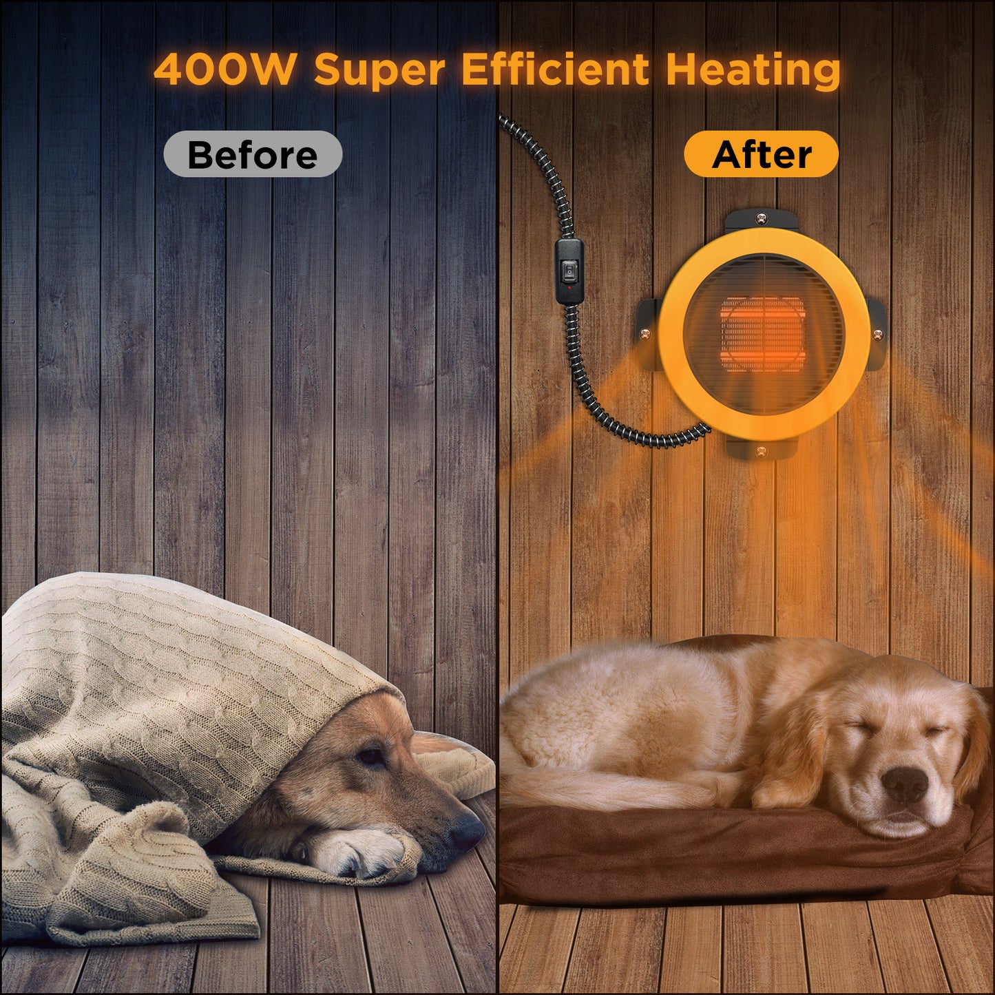 TURBRO Neighborhood Dog House Heater 400W, Wall Mount, 10ft Anti Bite Cord, Waterproof Control, Overheat Protection, Electric Warmer for Hound Kennel Cat Cage Chicken Coop Rabbit Hutch, UL Test Passed
