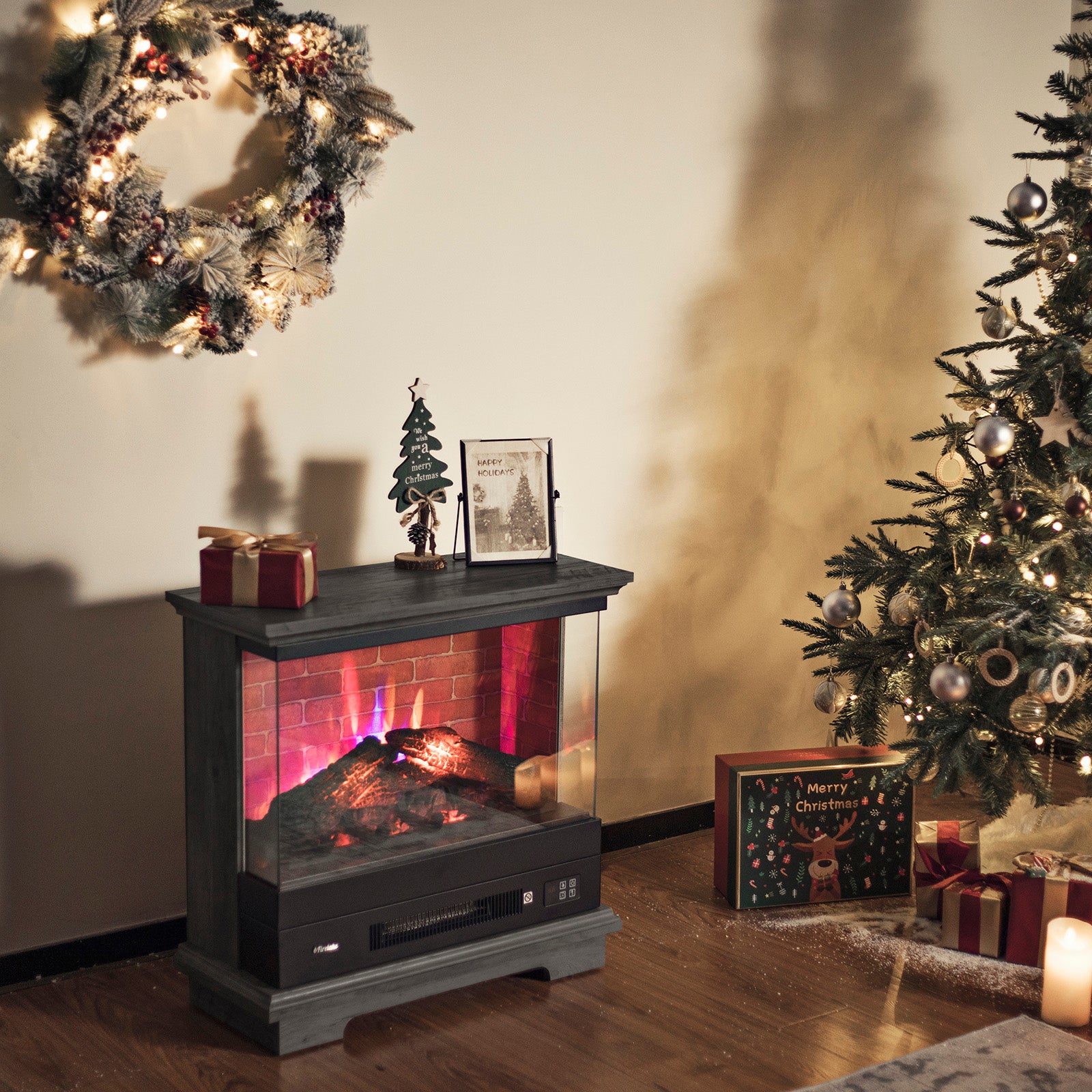 TURBRO Firelake 27-Inch Electric Fireplace Heater - Freestanding Fireplace with Mantel, No Assembly Required - 7 Adjustable Flame Effects, Overheating Protection, CSA Certified - 1400W, Black Walnut