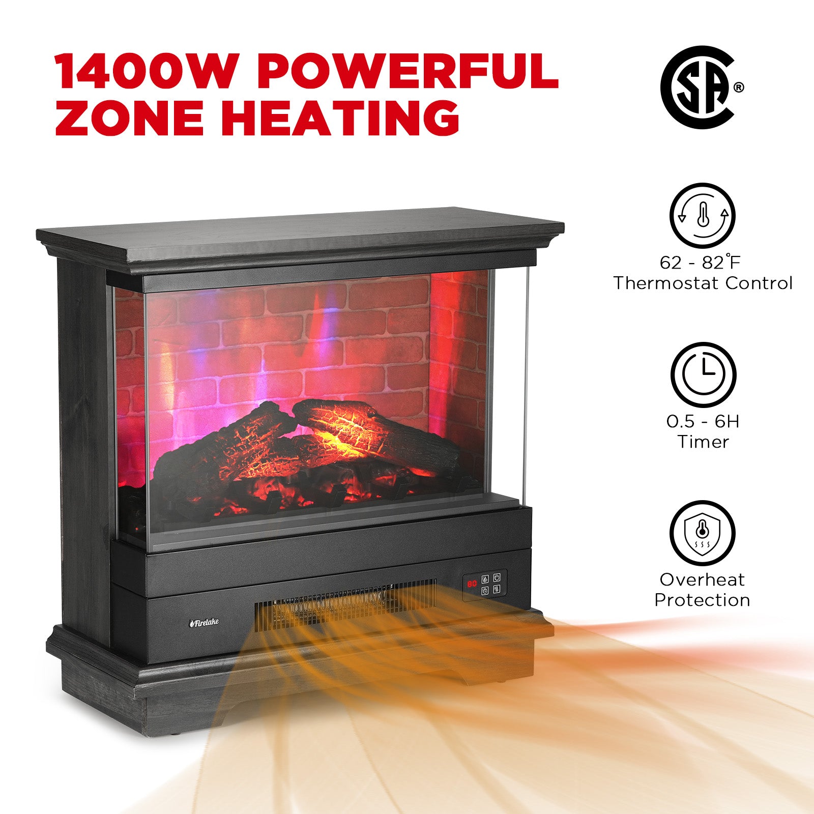 TURBRO Firelake 27-Inch Electric Fireplace Heater - Freestanding Fireplace with Mantel, No Assembly Required - 7 Adjustable Flame Effects, Overheating Protection, CSA Certified - 1400W, Black Walnut
