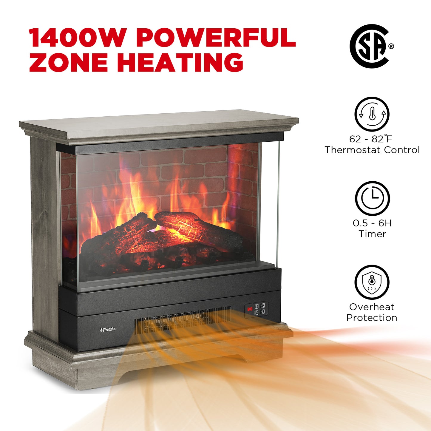 TURBRO Firelake 27-Inch Electric Fireplace Heater - Freestanding Fireplace with Mantel, No Assembly Required - 7 Adjustable Flame Effects, Overheating Protection, CSA Certified - 1400W, Gray Wash