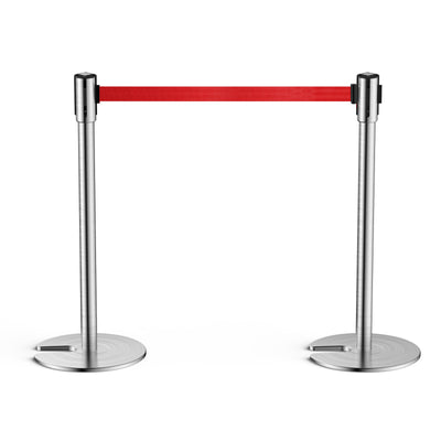 TURBRO Set of 2 Stanchion Retractable Barrier, 35.5-Inch Height, 6.5-Foot Nylon Belt with Secure Lock, Heavy Duty Stainless Steel, Easy Installation, Ideal for Industrial Commercial Lines, Red Belt