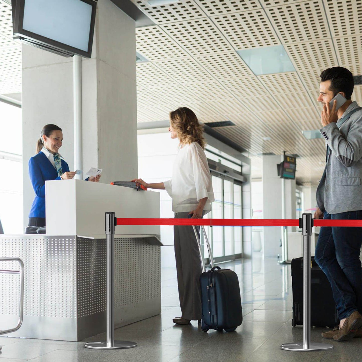 TURBRO Set of 2 Stanchion Retractable Barrier, 35.5-Inch Height, 6.5-Foot Nylon Belt with Secure Lock, Heavy Duty Stainless Steel, Easy Installation, Ideal for Industrial Commercial Lines, Red Belt