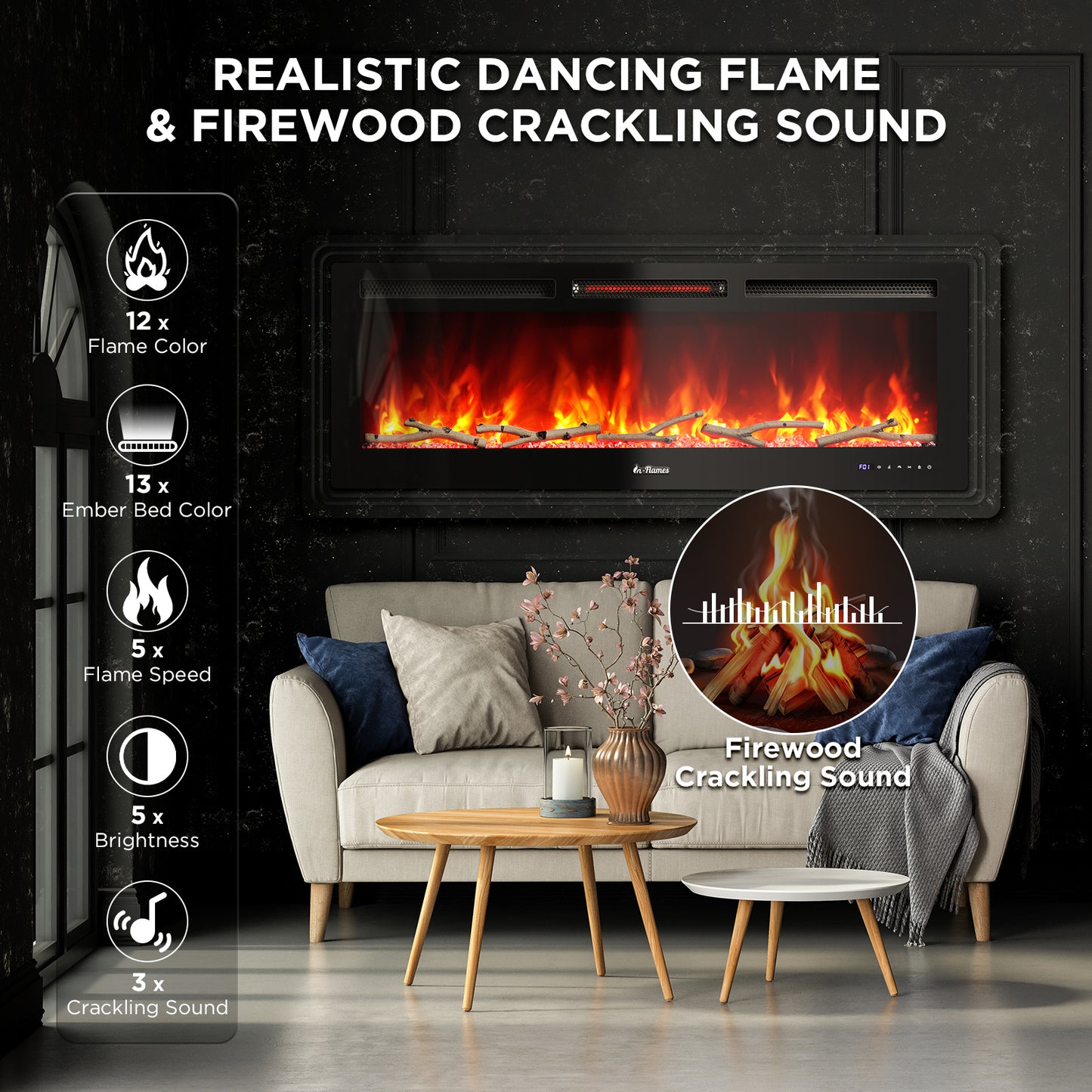 TURBRO Smart WiFi Electric Fireplace with Realistic Flame and Crackling Sound, 1500W Infrared Quartz Heater, Recessed and Wall Mounted, Adjustable Flame Effects with Remote Control and App