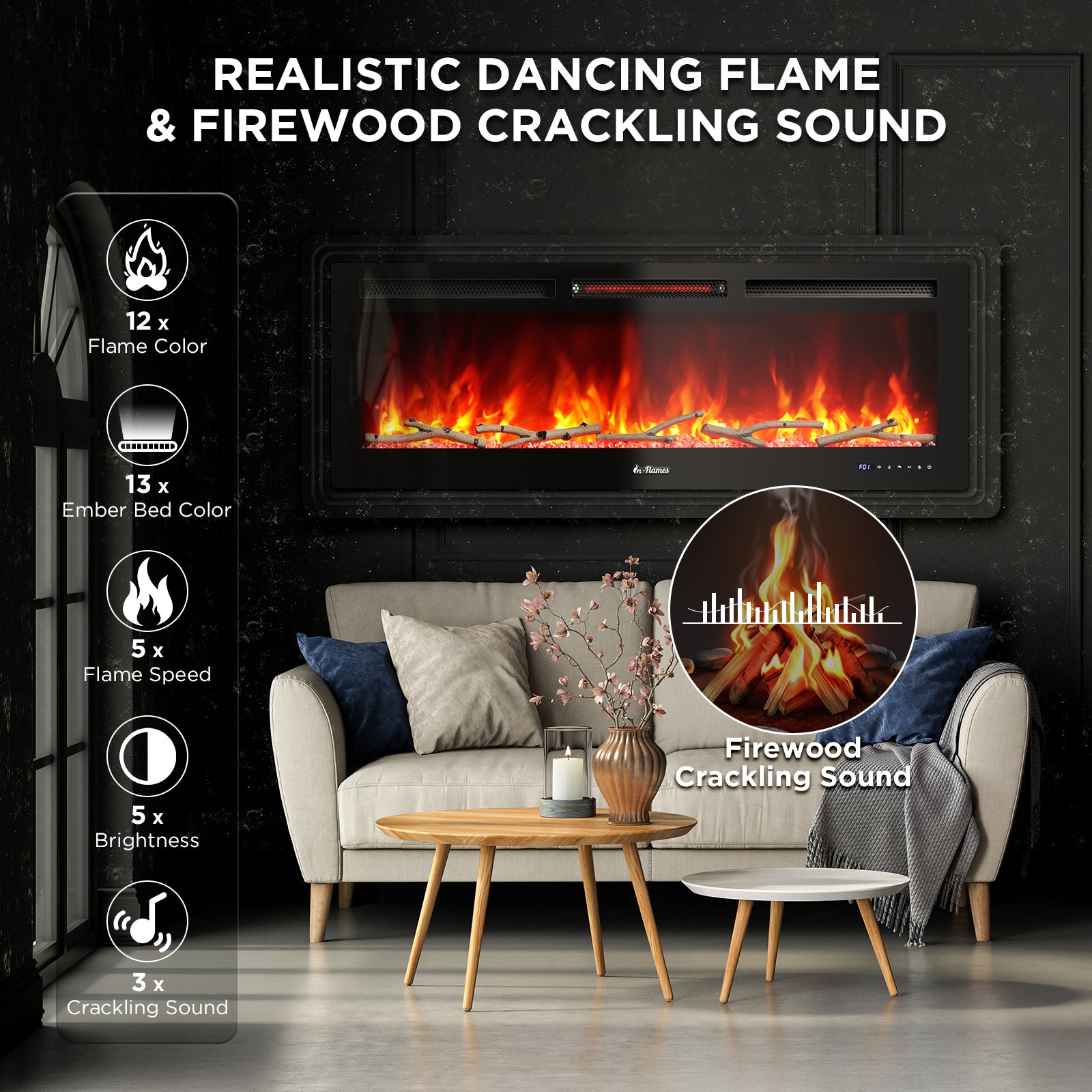 TURBRO Smart WiFi Electric Fireplace with Realistic Flame and Crackling Sound, 1500W Infrared Quartz Heater, Recessed and Wall Mounted, Adjustable Flame Effects with Remote Control and App