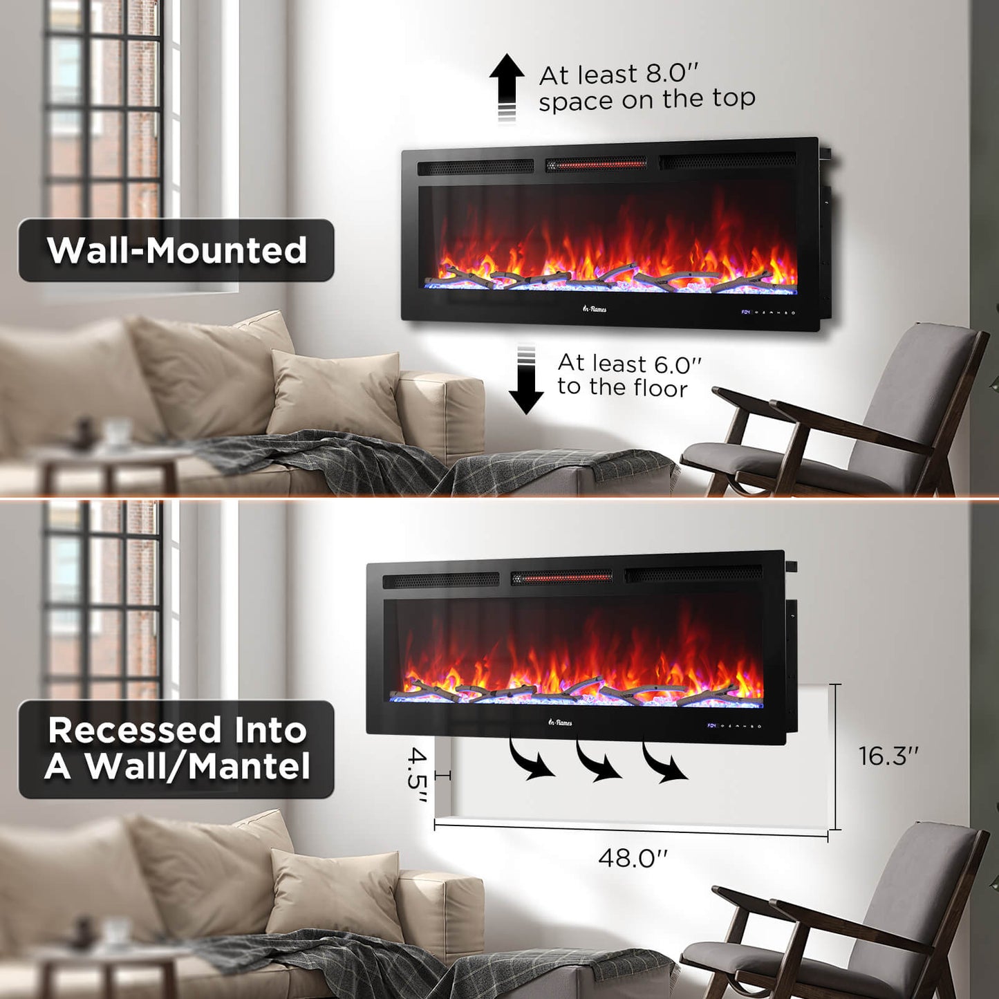 TURBRO Smart WiFi Electric Fireplace with Realistic Flame and Crackling Sound, 1500W Infrared Quartz Heater, Recessed and Wall Mounted, Adjustable Flame Effects with Remote Control and App