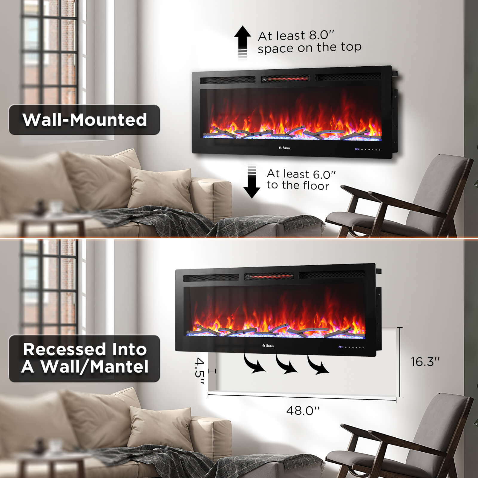 TURBRO Smart WiFi Electric Fireplace with Realistic Flame and Crackling Sound, 1500W Infrared Quartz Heater, Recessed and Wall Mounted, Adjustable Flame Effects with Remote Control and App