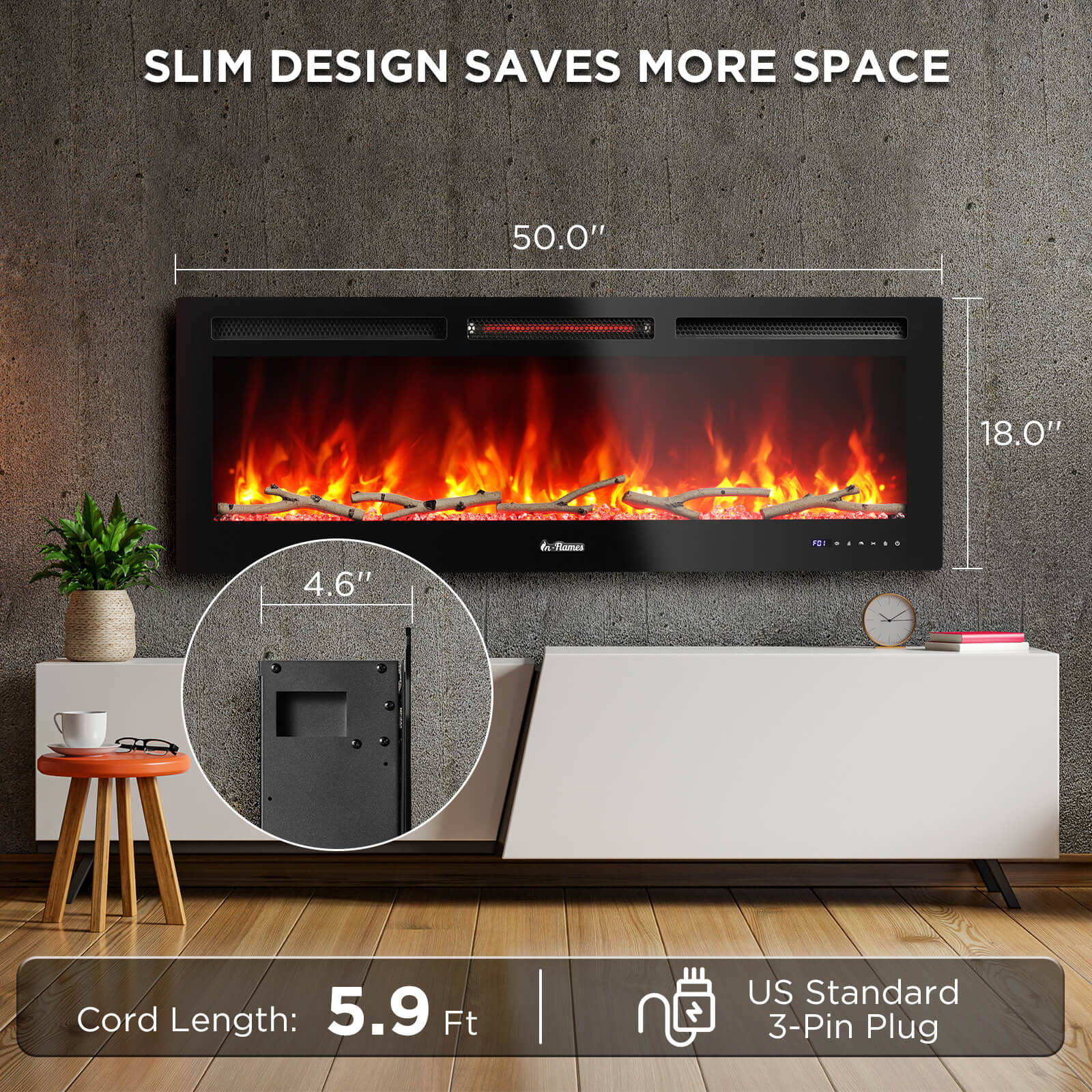 TURBRO Smart WiFi Electric Fireplace with Realistic Flame and Crackling Sound, 1500W Infrared Quartz Heater, Recessed and Wall Mounted, Adjustable Flame Effects with Remote Control and App