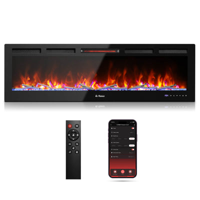 TURBRO 60” Smart WiFi Infrared Electric Fireplace with Sound Crackling and Realistic Flame, 1500W Quartz Heater, Recessed or Wall Mounted, Remote Control and App, in Flames