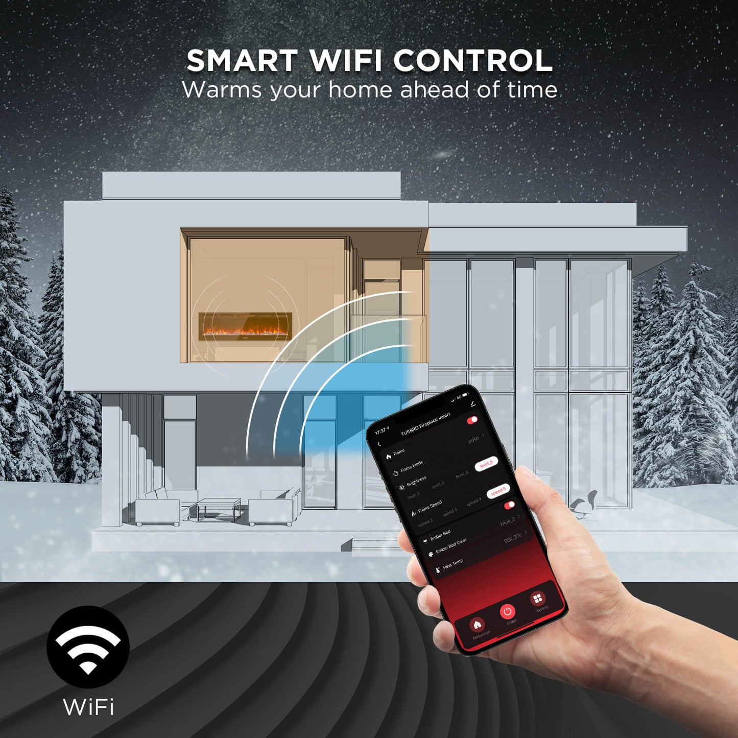 TURBRO 60” Smart WiFi Infrared Electric Fireplace with Sound Crackling and Realistic Flame, 1500W Quartz Heater, Recessed or Wall Mounted, Remote Control and App, in Flames