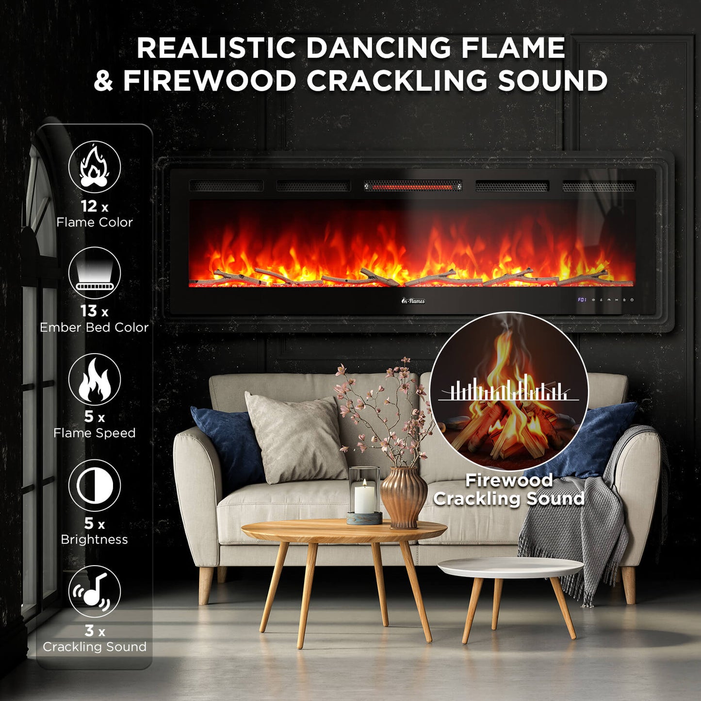 TURBRO 60” Smart WiFi Infrared Electric Fireplace with Sound Crackling and Realistic Flame, 1500W Quartz Heater, Recessed or Wall Mounted, Remote Control and App, in Flames