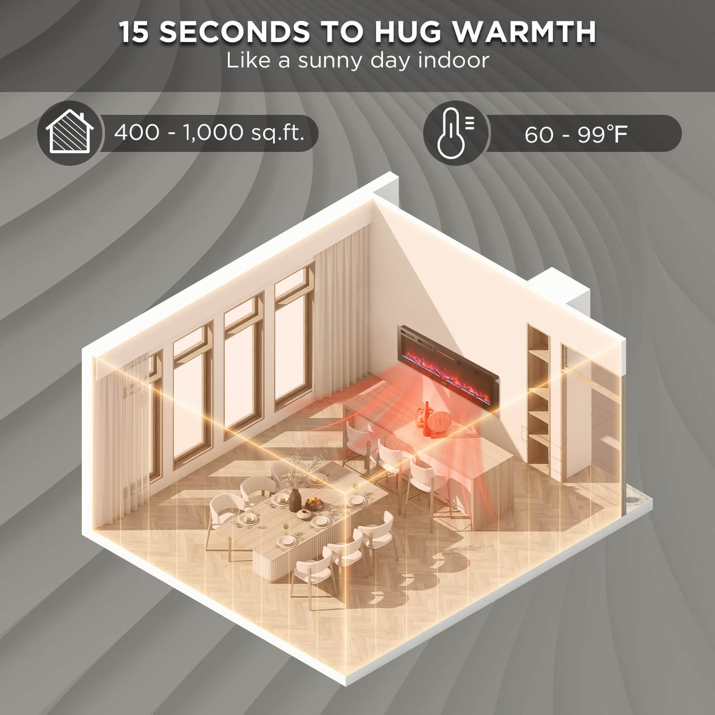 TURBRO 60” Smart WiFi Infrared Electric Fireplace with Sound Crackling and Realistic Flame, 1500W Quartz Heater, Recessed or Wall Mounted, Remote Control and App, in Flames