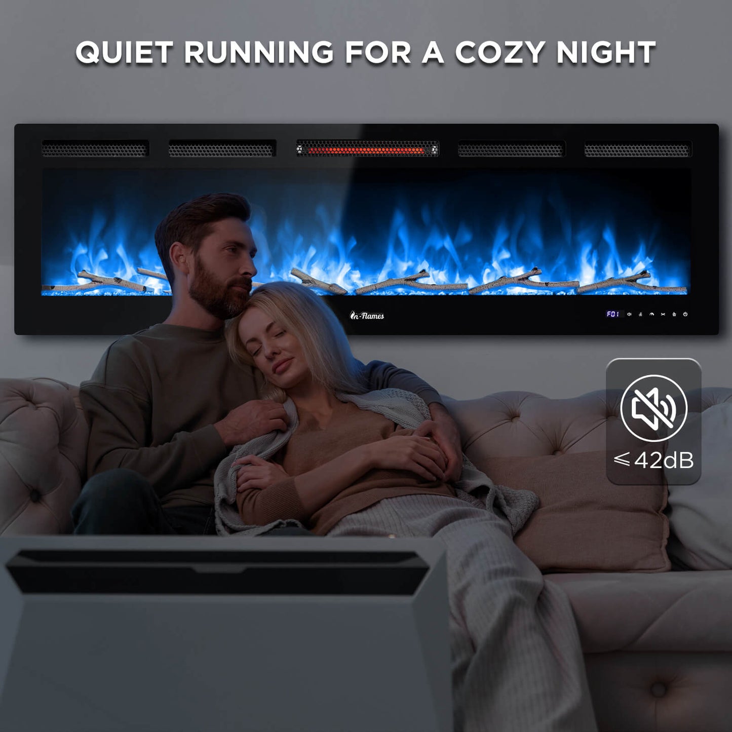 TURBRO 60” Smart WiFi Infrared Electric Fireplace with Sound Crackling and Realistic Flame, 1500W Quartz Heater, Recessed or Wall Mounted, Remote Control and App, in Flames