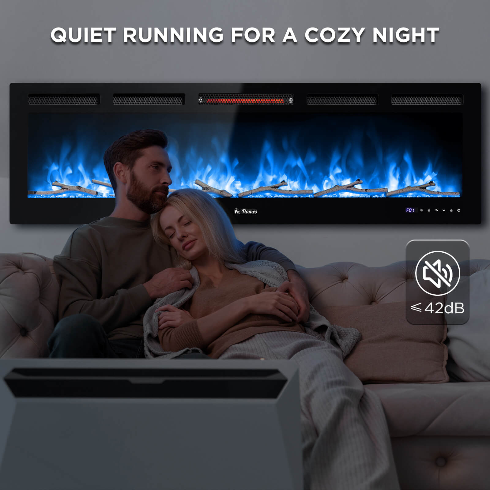 TURBRO 60” Smart WiFi Infrared Electric Fireplace with Sound Crackling and Realistic Flame, 1500W Quartz Heater, Recessed or Wall Mounted, Remote Control and App, in Flames
