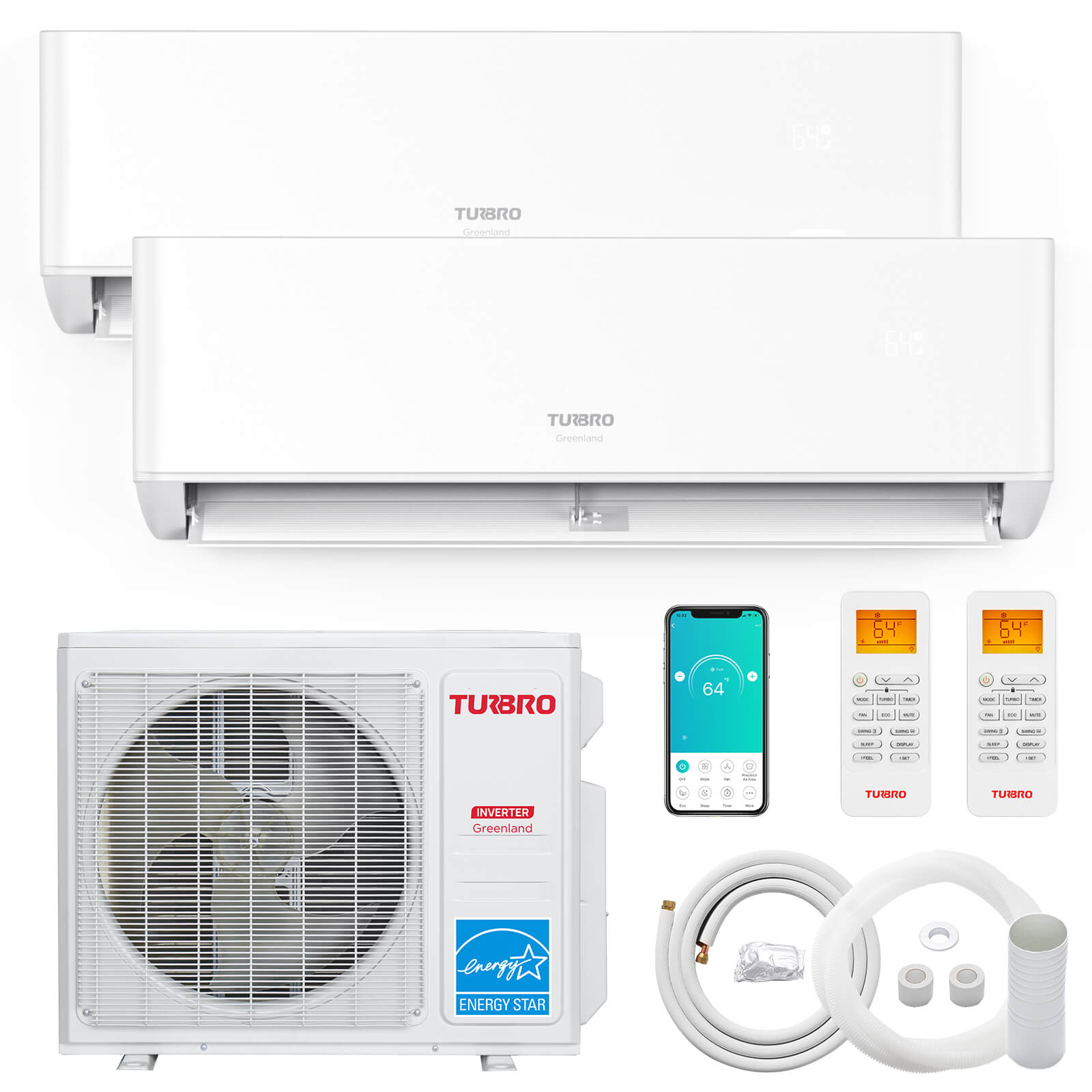 A TURBRO Greenland dual zone mini split air conditioner with heat pump. The image shows the indoor units, outdoor unit, remote controls, and installation accessories.