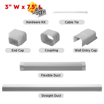 Set of ductwork components including hardware kit, cable tie, end cap, coupling, wall entry cap, flexible duct, and straight duct on a white background. ,view 2