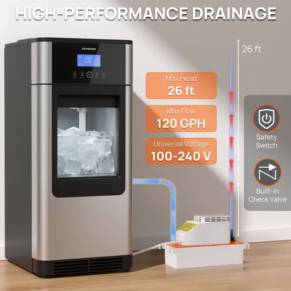 Ice maker with high-performance drainage features displayed on a gray background