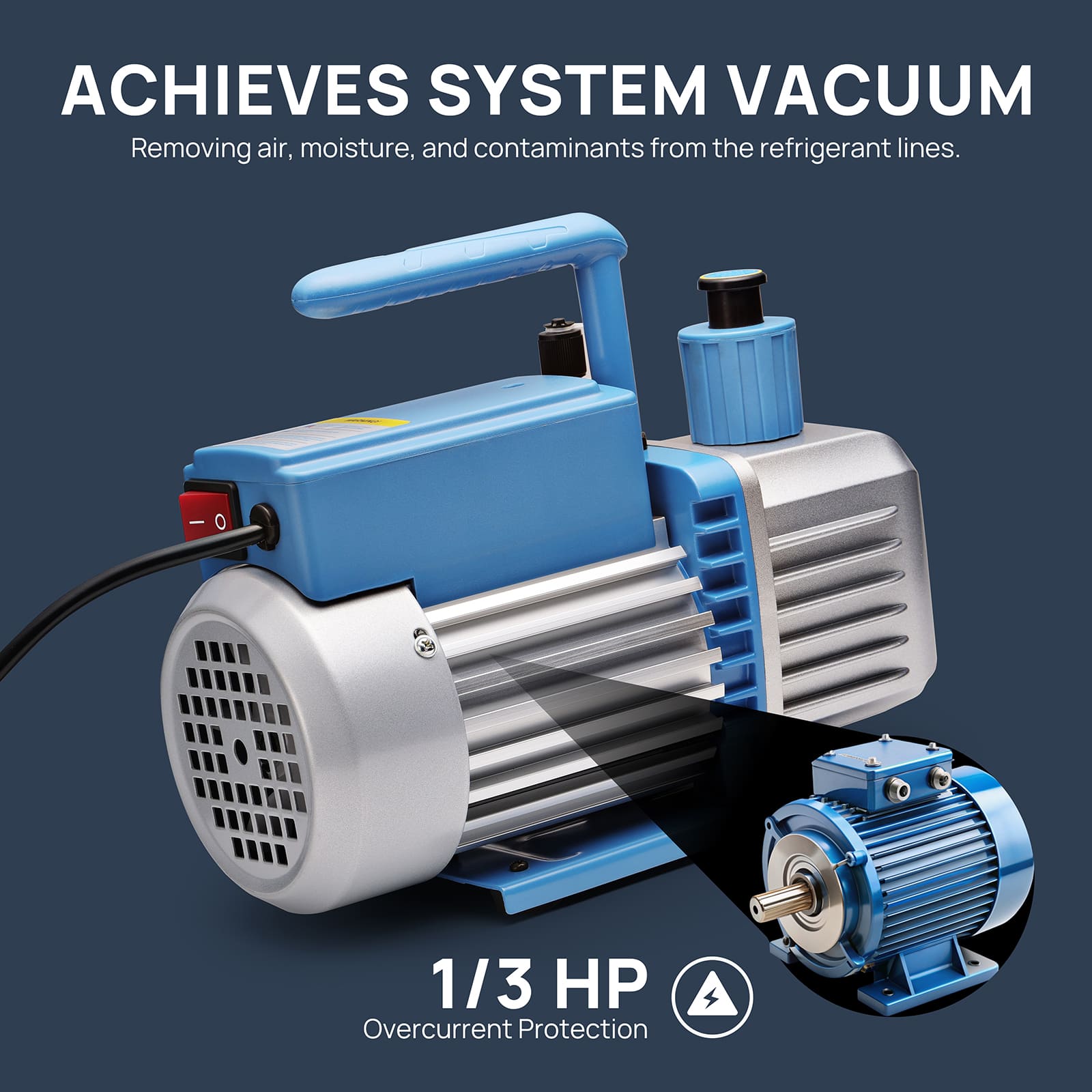ACHIEVES SYSTEM VACUUM

Removes air, moisture, and contaminants from the refrigerant lines.

1/3 HP
Overcurrent Protection
