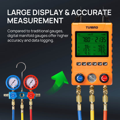 LARGE DISPLAY & ACCURATE MEASUREMENT 

Compared to traditional gauges, digital manifold gauges offer higher accuracy and data logging.
