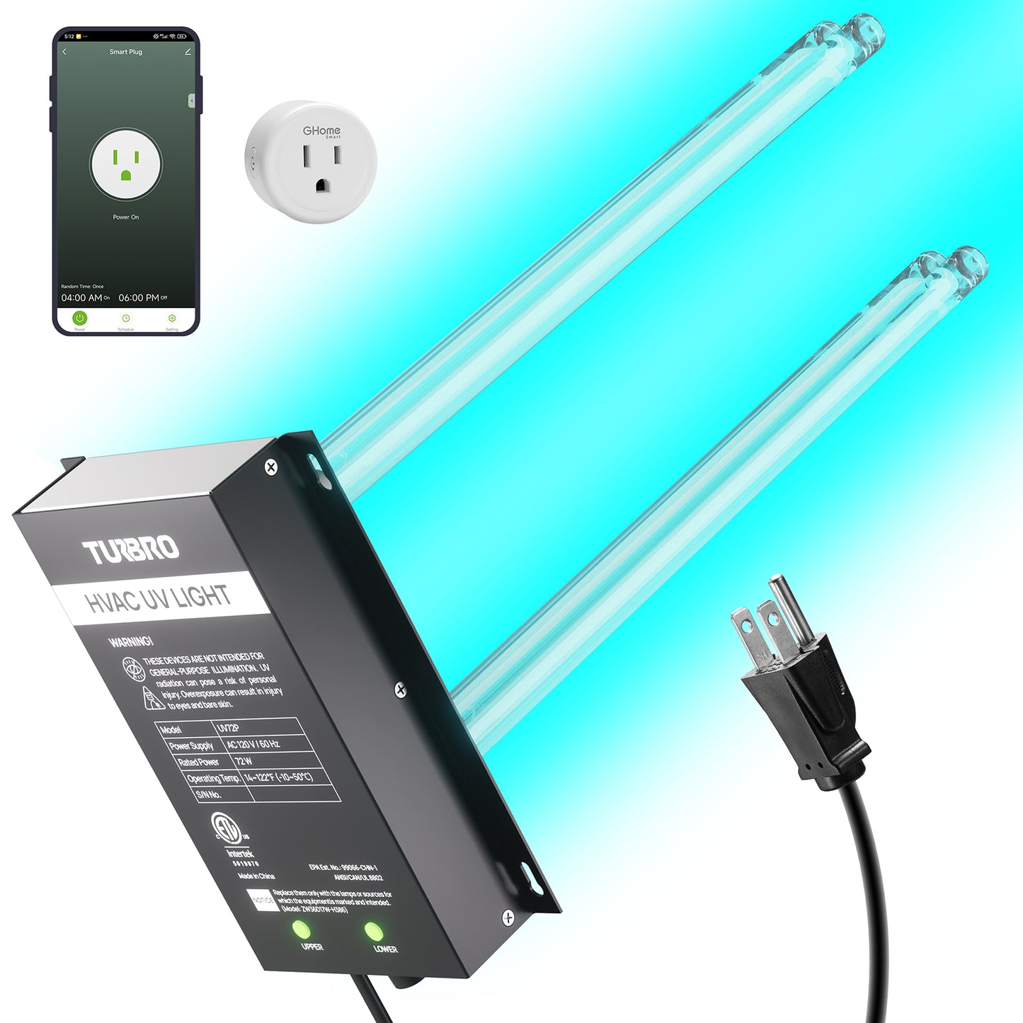 UV72P 72W UV Light Kit for HVAC Duct Cleaning, Direct plug-in (120V)