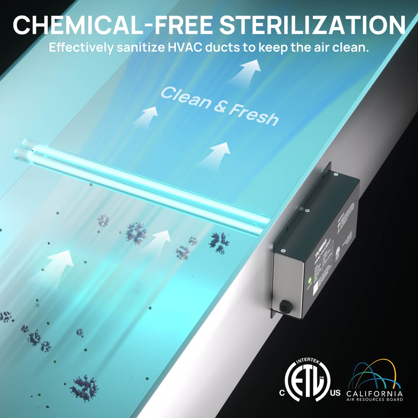 Chemical-free sterilization system for HVAC ducts with ETL and California Air Resources Board logos.