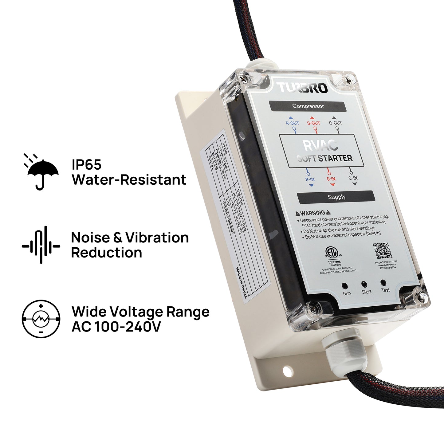 Turbro compressor soft starter with features listed on a white background