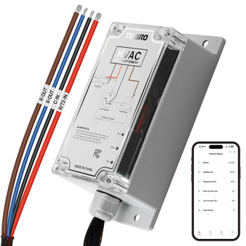 A TUBRRO HVAC Smart Relay device with a gray metal housing, clear plastic top cover, and attached wiring harness with brown, blue, red, and black wires. A smartphone app interface preview is shown in the lower right corner on a white background.,view 1