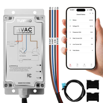 A TURBRO HVAC smart soft starter control unit shown alongside a hand holding a smartphone app screen, wiring diagrams, a black cable, and two small black contact modules on a white background. ,view 2