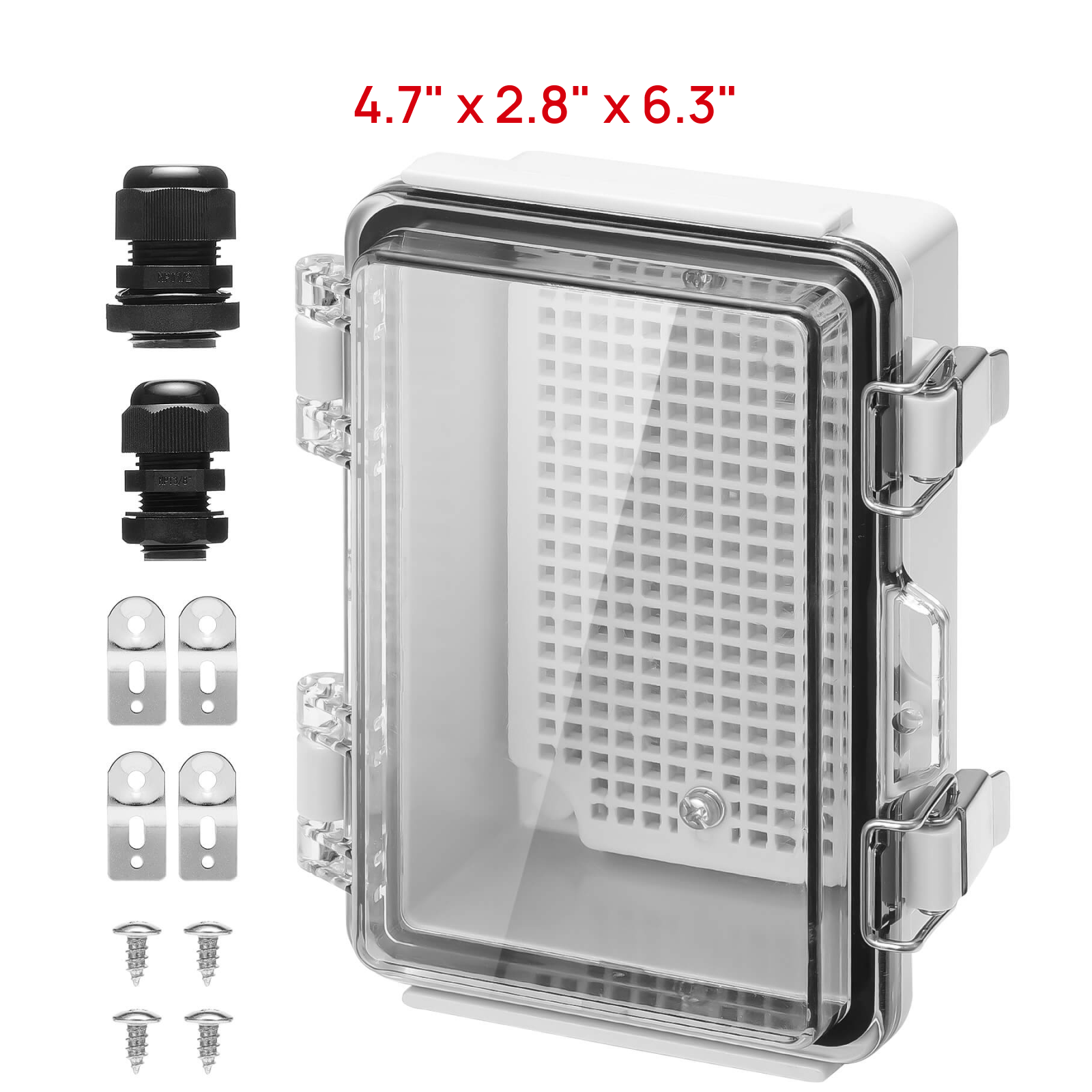 TURBRO Outdoor Electrical Waterproof Junction Box with Latches, ABS Plastic Enclosure Box with Mounting Plate and 304 Stainless Steel Wall Brackets, Hinged Transparent Cover, 4.7” x 2.8” x 6.3”