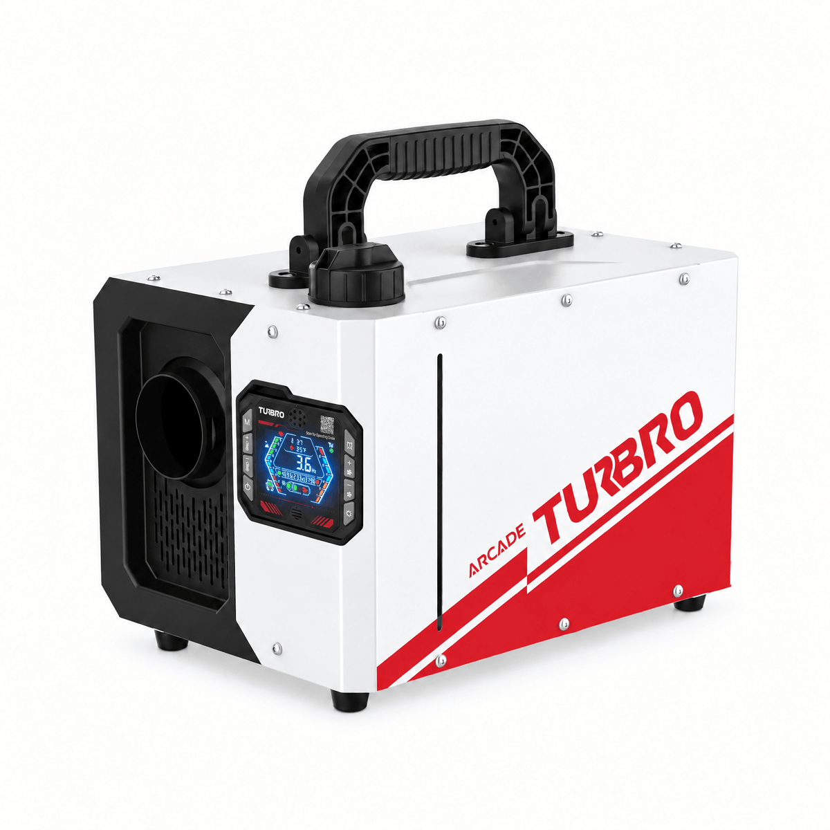 A white and red TURBO Arcade portable heating or chilling unit with a black carrying handle, digital display screen, and ventilation grille, shown on a plain white background.