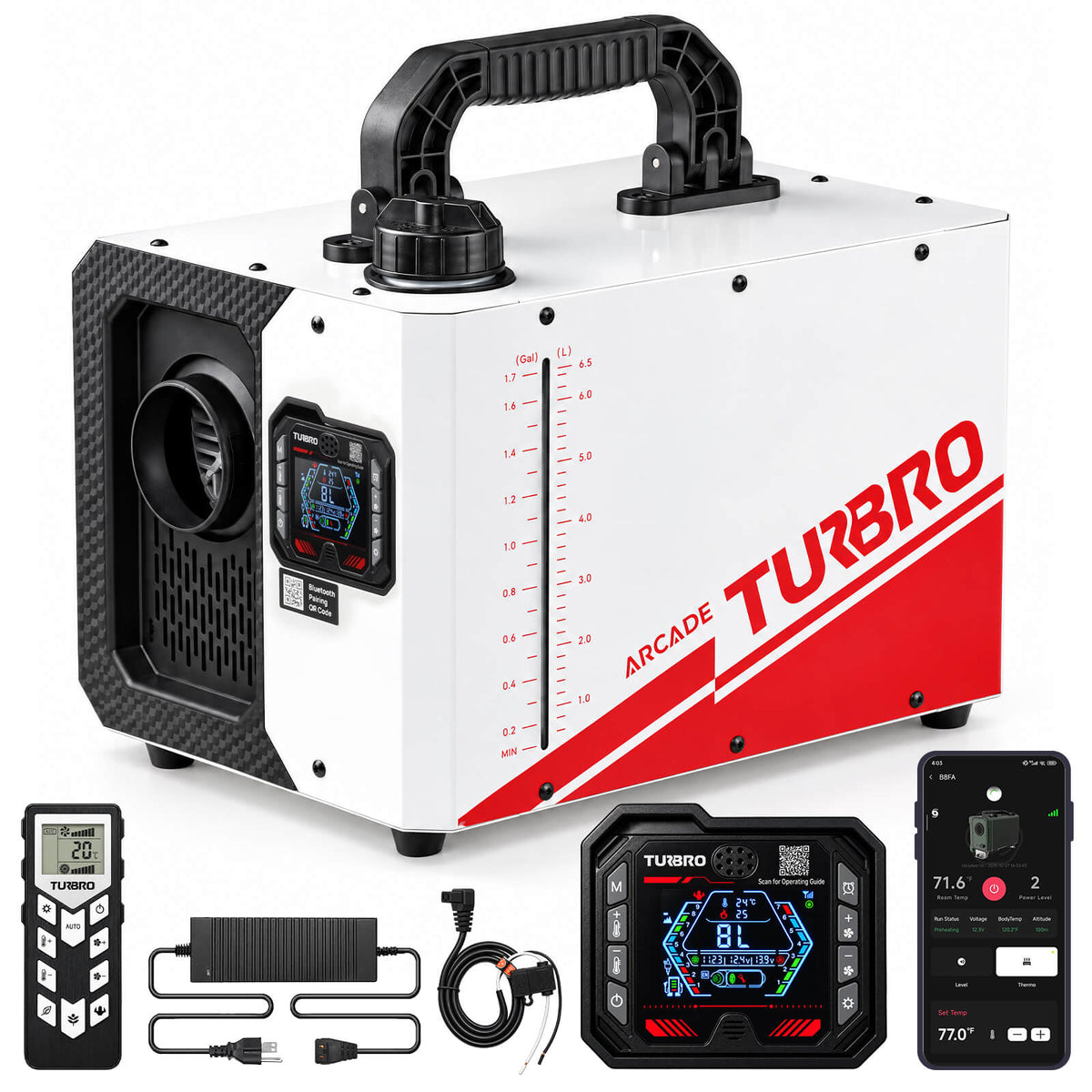 Turbo ARCADE portable air compressor shown with accessories including a handheld controller, power adapter, temperature sensor, and smartphone app control screen on a white background.