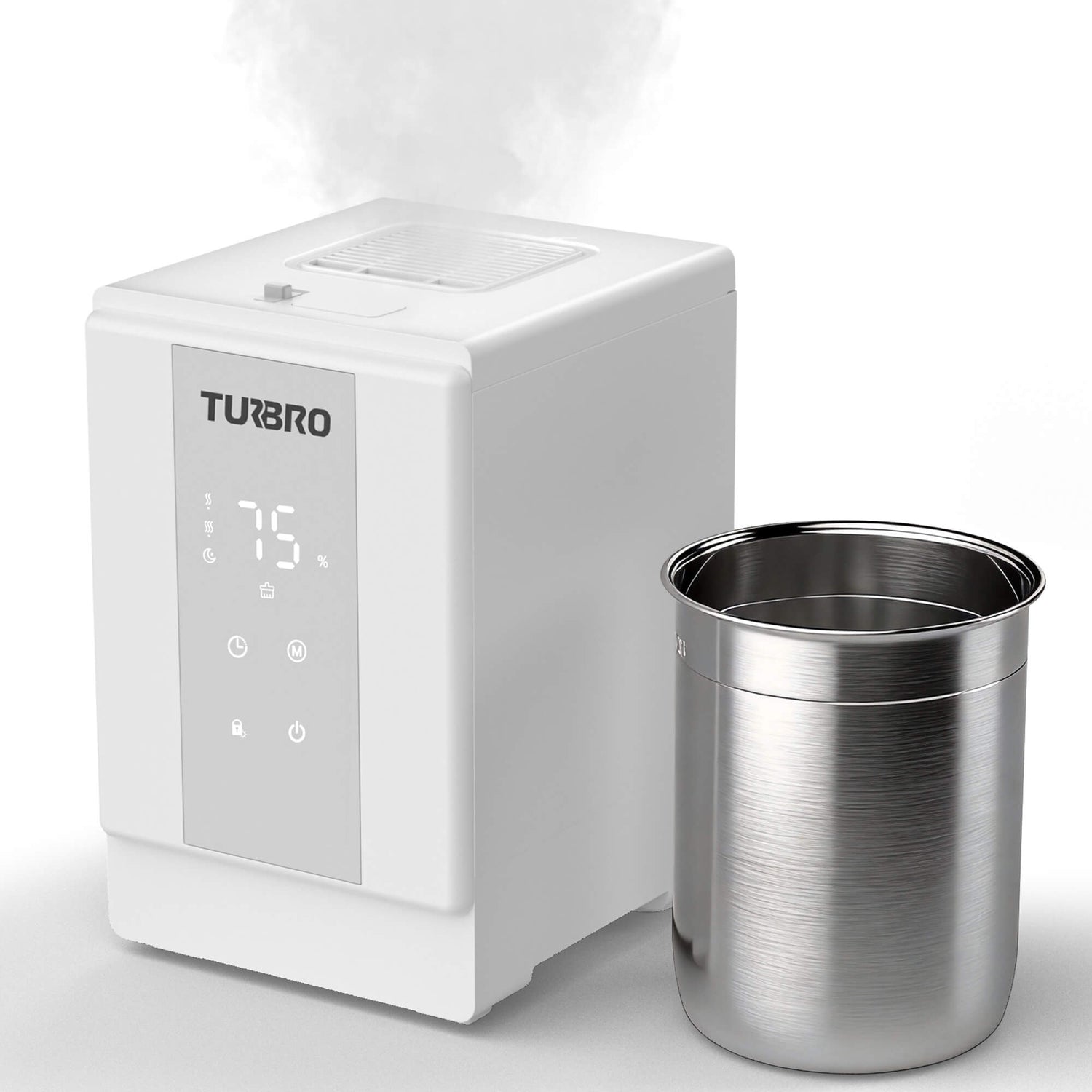 A white TURBRO steam sterilizer shown with a stainless steel cup, with steam visibly rising from the top, on a clean white background.