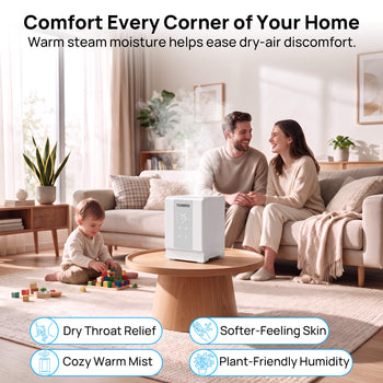 A white steam humidifier sits on a round wooden coffee table in a bright, modern living room. A man and woman are sitting on a sofa in the background, and a young child is playing with blocks on the floor. ,view 2