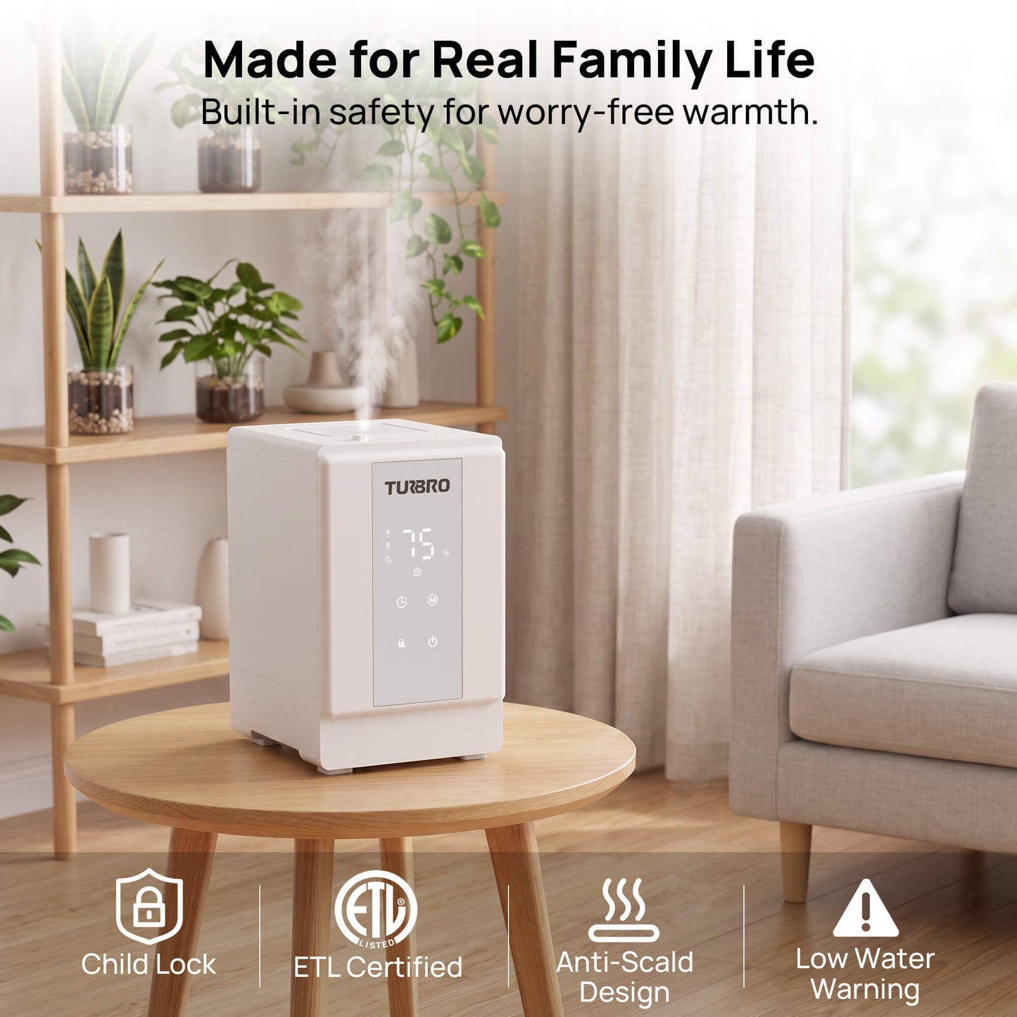 A white TURBO humidifier sitting on a round wooden table in a bright, modern living room. Steam is visibly rising from the top of the device.