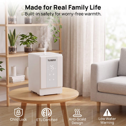 A white TURBO humidifier sitting on a round wooden table in a bright, modern living room. Steam is visibly rising from the top of the device.