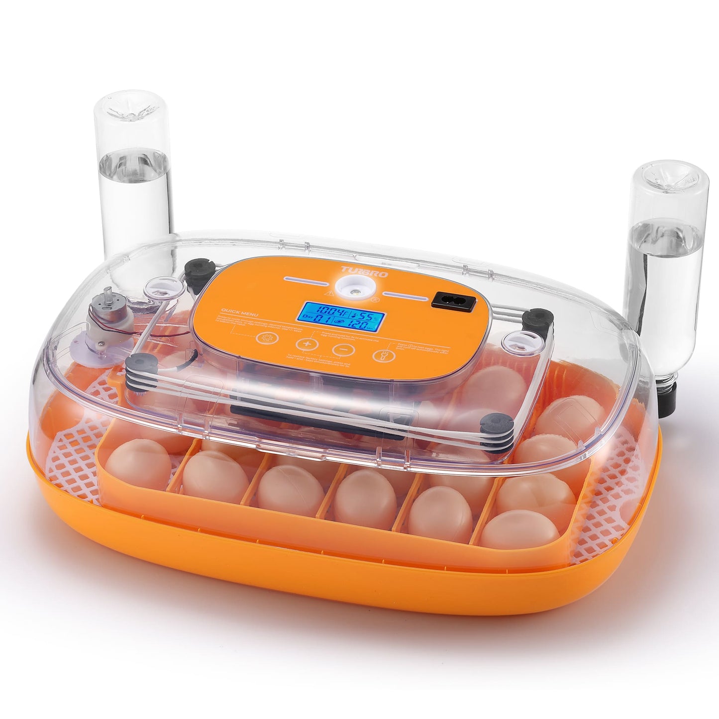 Orange egg incubator with digital display on a white background