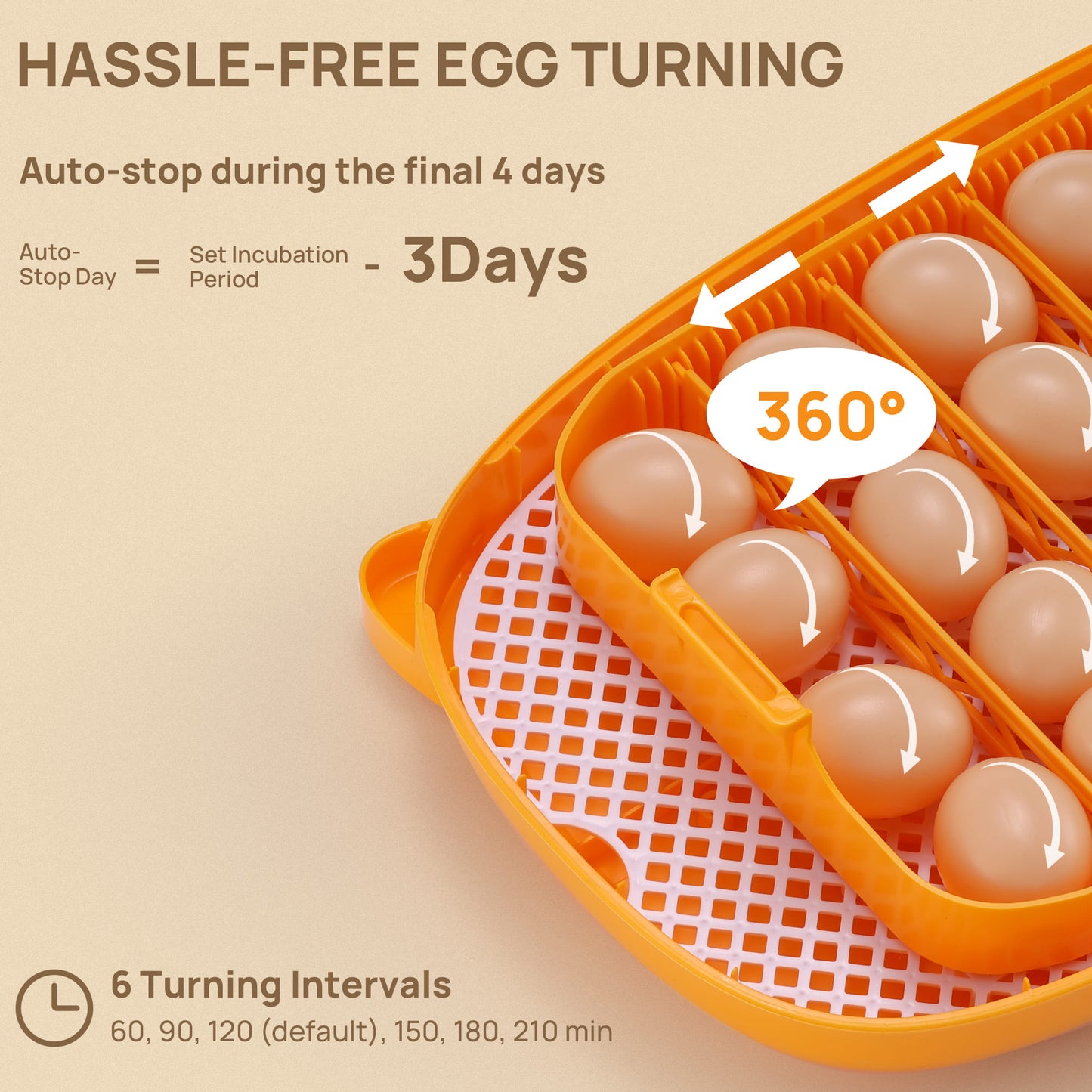 Orange egg turning device with eggs inside, showing features like hassle-free egg turning and auto-stop during incubation.