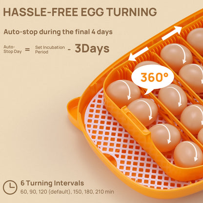 Orange egg turning device with eggs inside, showing features like hassle-free egg turning and auto-stop during incubation.