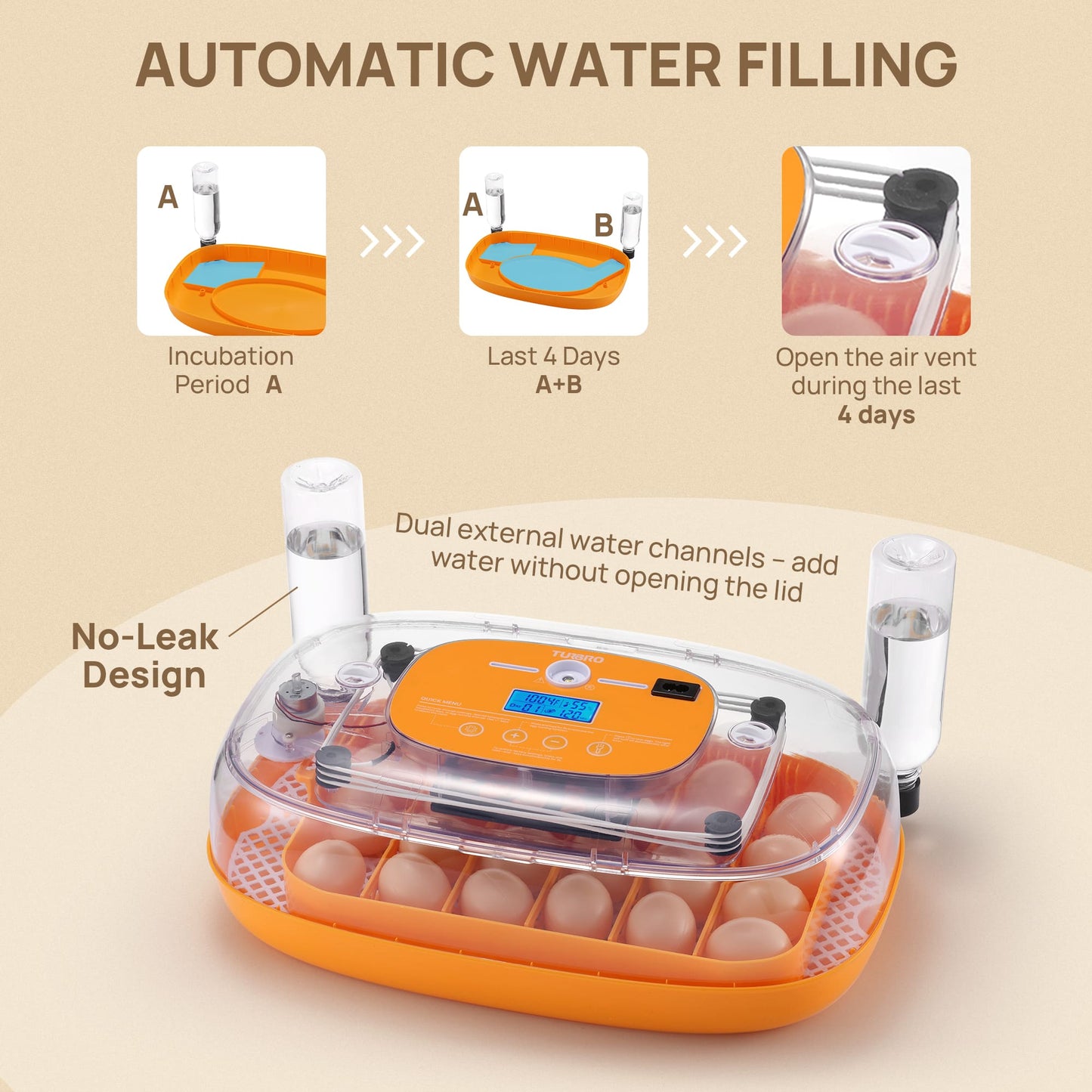 Orange egg incubator with water filling system and dual external water channels on a beige background.