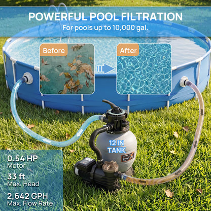 Pool filtration system with pump and hoses next to a pool on grass.